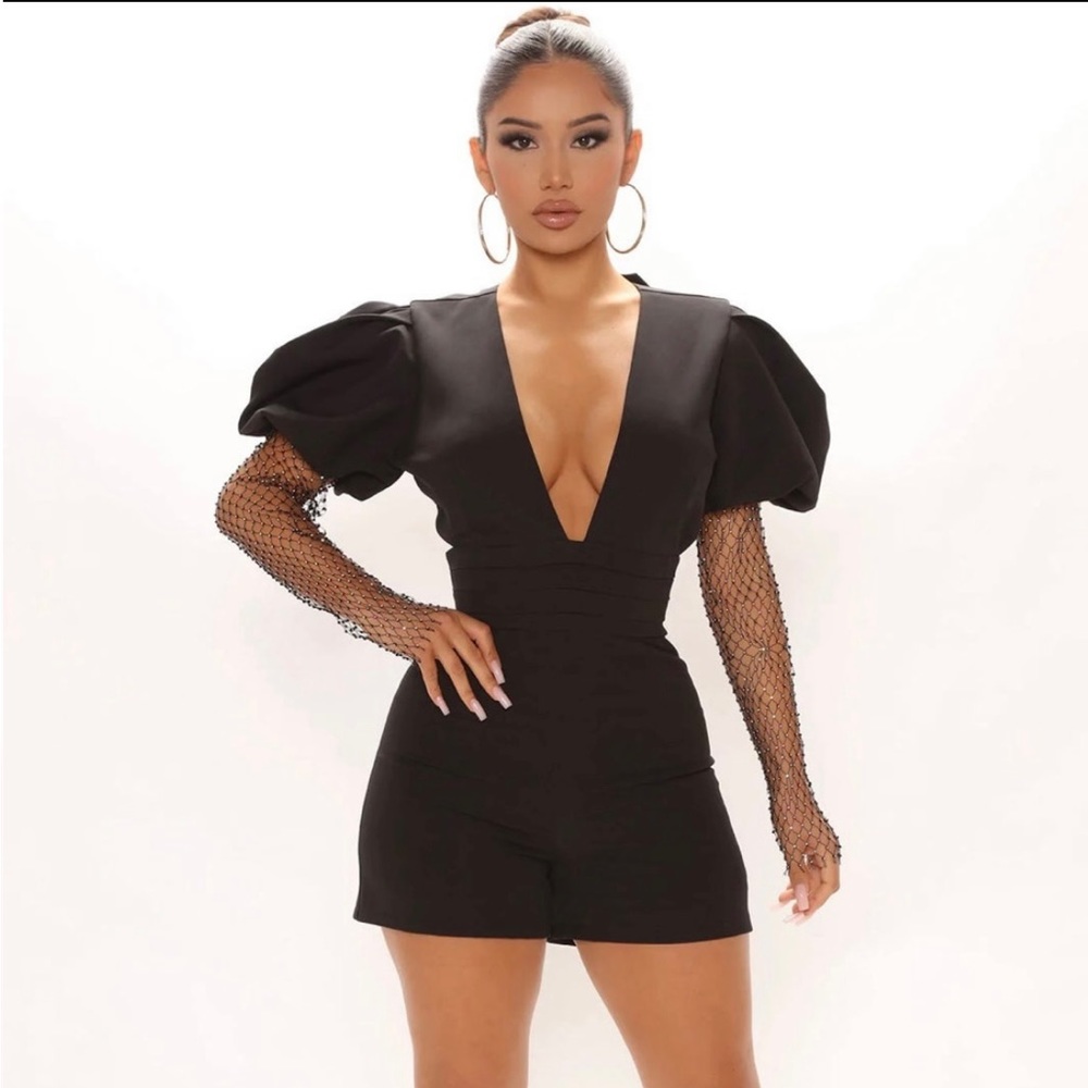 Black Open Back Romper Bling Sleeves